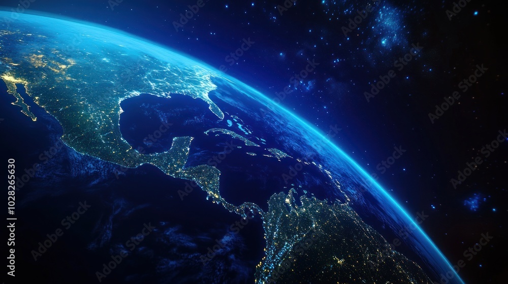 Fototapeta premium A view of Earth from space, showcasing illuminated landmasses and the atmosphere.