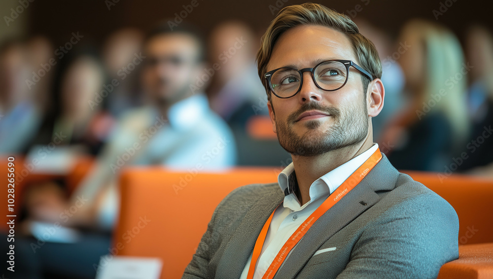 Fototapeta premium Portrait of young successful businessman in the office. Handsome man at the seminar. Blurred background. Seriuos and confident man.