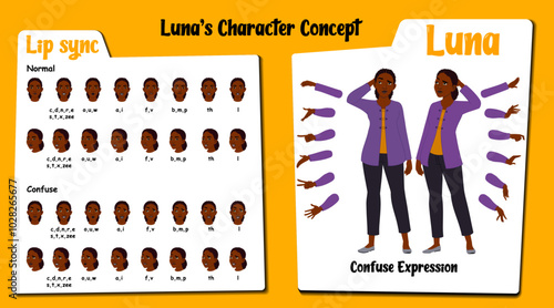 A confused african female teacher cartoon character AKA Luna. Confused face expressions and lip sync. Set of businesswoman with various hand gesture and front and 1/3 standing poses.