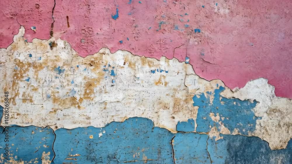 A pink, white, and blue wall is cracked and peeling in an urban environment A pink, white, and blue wall is cracked and peeling in an urban environment