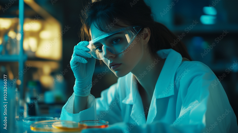 W laboratorium siedzi mikrobiolog w sterylnym ubraniu, z okularami ochronnymi na twarzy, która z uwagą dodaje odczynnik do szalki. W laboratorium siedzi mikrobiolog w sterylnym ubraniu, z okularami ochronnymi na twarzy, która z uwagą dodaje odczynnik do szalki.