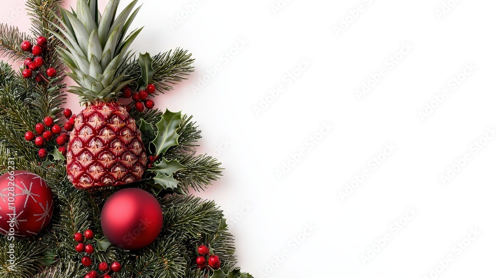 Festive Christmas Tree Decor with Pineapple and Red Baubles Festive Christmas Tree Decor with Pineapple and Red Baubles