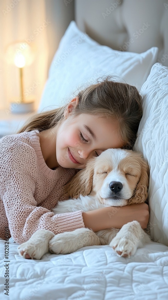 Child Sleeping with Dog on Cozy Bed Child Sleeping with Dog on Cozy Bed