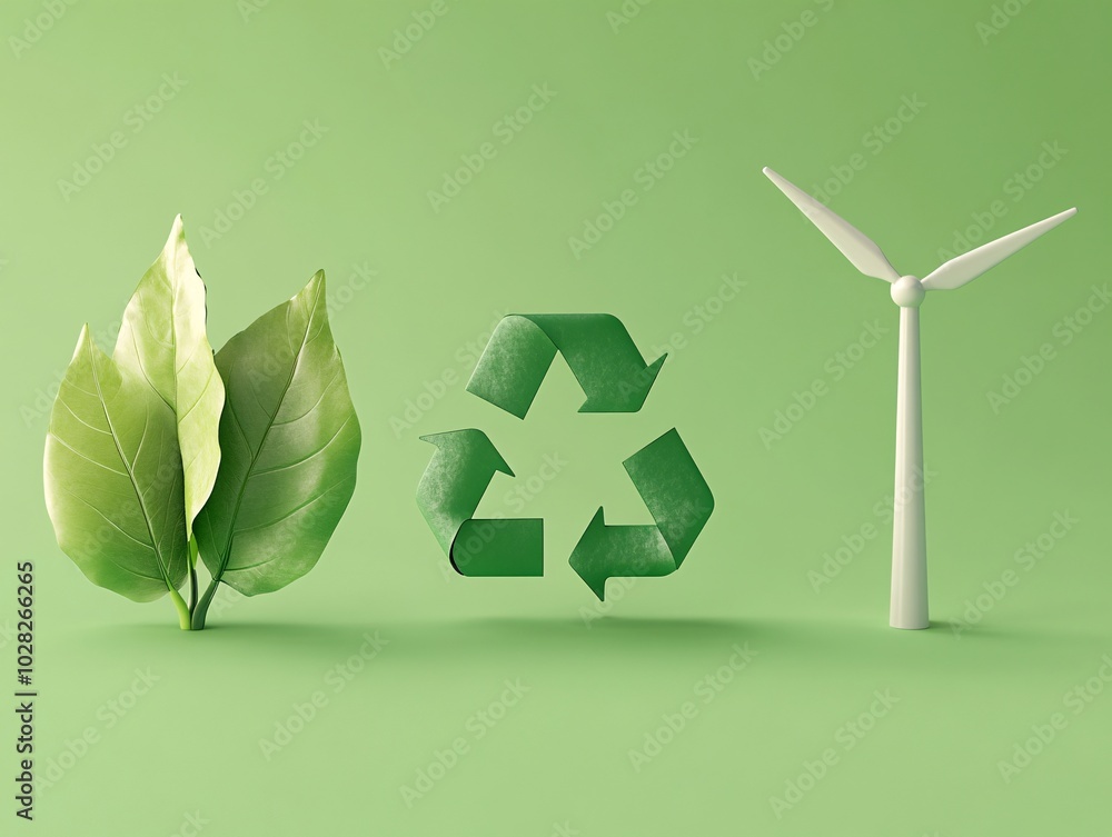 2408 85.A detailed 3D set of environmental icons featuring a green leaf, a recycling symbol, and a wind turbine. The icons are rendered in a bright green color palette, symbolizing eco-friendly 2408 85.A detailed 3D set of environmental icons featuring a green leaf, a recycling symbol, and a wind turbine. The icons are rendered in a bright green color palette, symbolizing eco-friendly