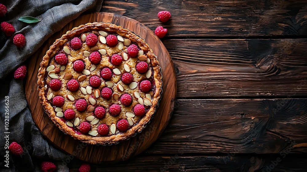 Almond and raspberry cake Bakewell tart Traditional British pastry Wooden backgraund Top view : Generative AI Almond and raspberry cake Bakewell tart Traditional British pastry Wooden backgraund Top view : Generative AI