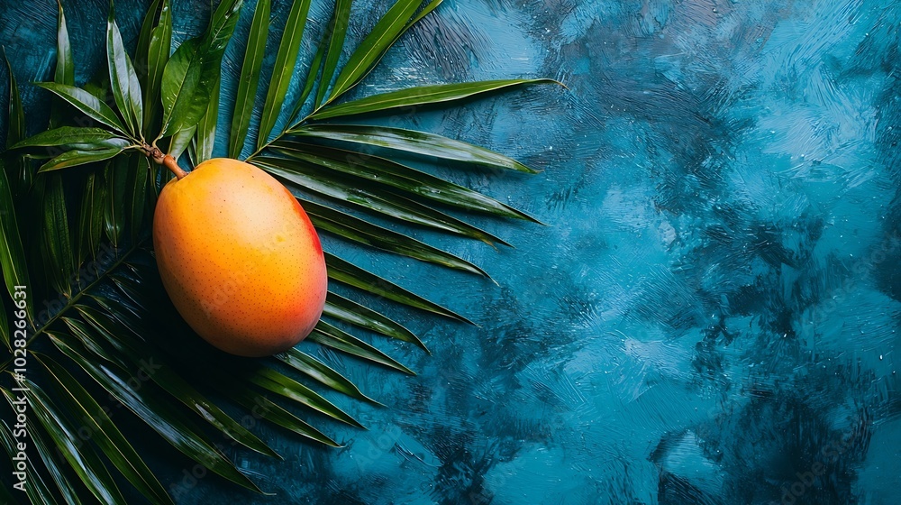 Fototapeta premium Fresh mango on a palm leaf Blue background Top view : Generative AI