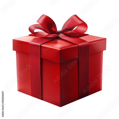 Red gift box with red ribbon and red bow on transparent background, PNG