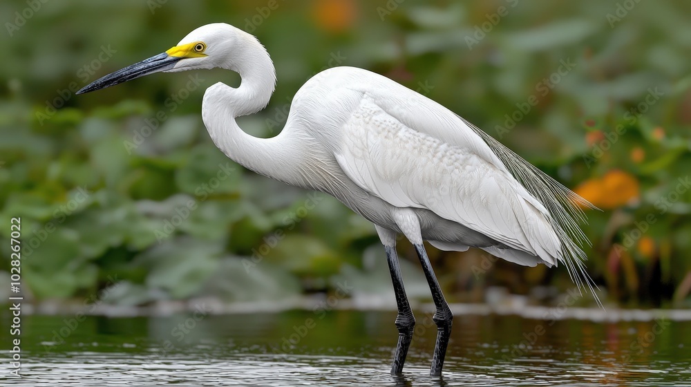Naklejka premium Great White Egret Bird Standing in a Lake with Green Background