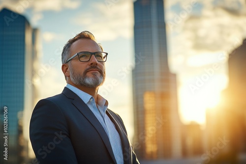 Portrait of a visionary business leader standing against a backdrop of a city skyline, thoughtful expression, wearing business attire, exuding success and leadership photo