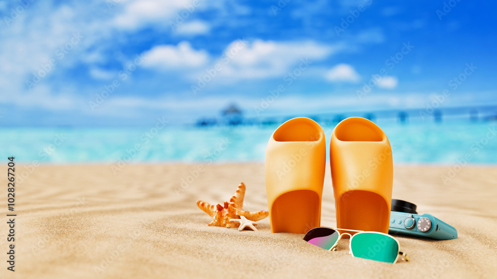 A vibrant beach scene with yellow sandals, starfish, sunglasses, and a camera, set against a bright blue ocean and sky, evoking a carefree vacation mood. A vibrant beach scene with yellow sandals, starfish, sunglasses, and a camera, set against a bright blue ocean and sky, evoking a carefree vacation mood.