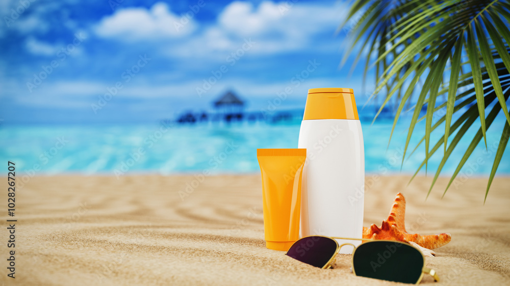 Tropical beach scene with sunscreen bottle, sunglasses and starfish on the sand. With the sea and palm trees in the background. Tropical beach scene with sunscreen bottle, sunglasses and starfish on the sand. With the sea and palm trees in the background.
