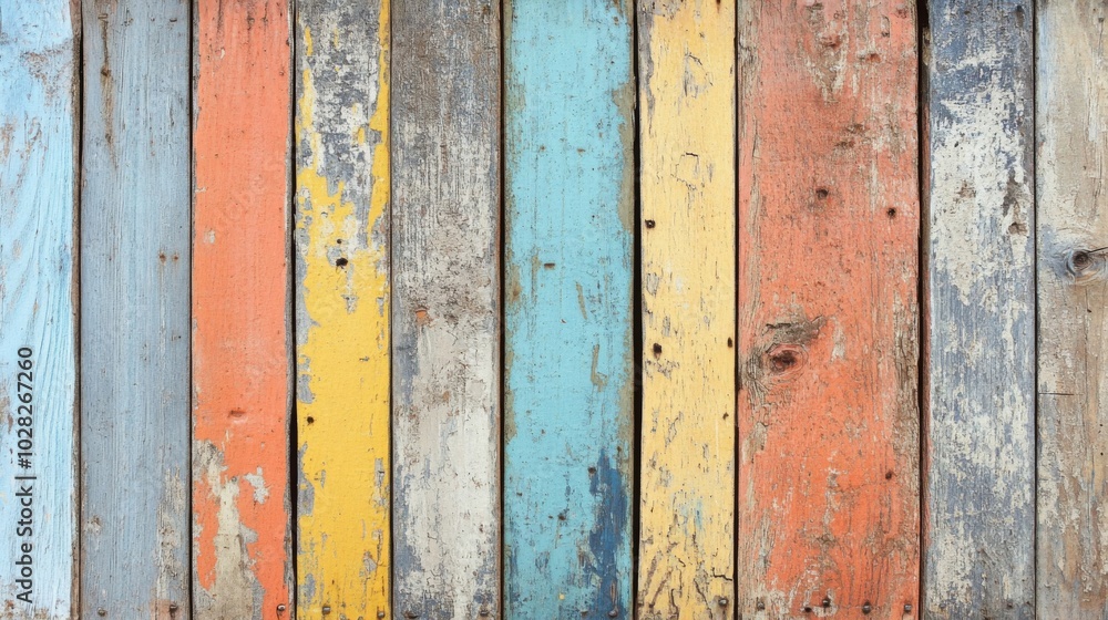 A Colorful Wooden Fence with Weathered Paint and Natural Wood Grain