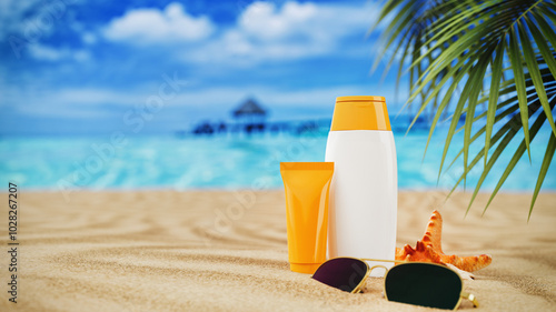 Tropical beach scene with sunscreen bottle, sunglasses and starfish on the sand. With the sea and palm trees in the background.