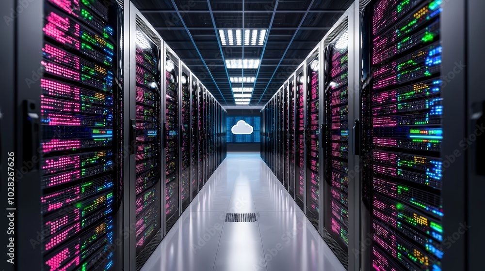 Fototapeta premium Modern Data Center Server Room with Cloud Icon
