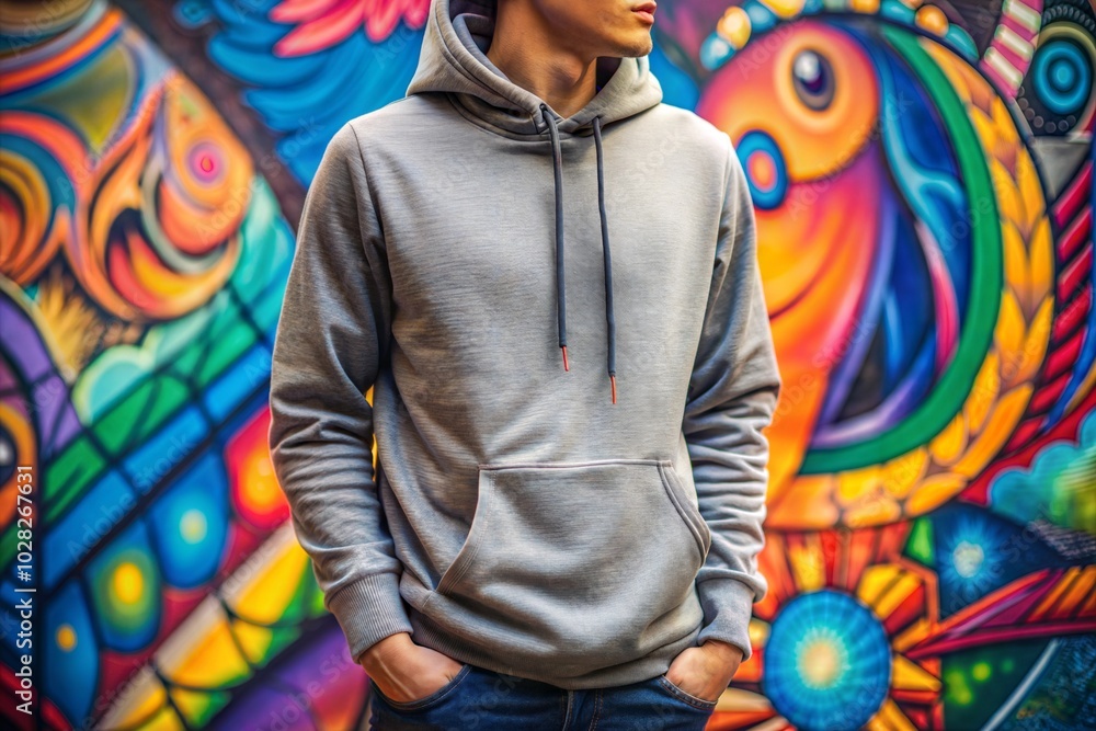 Man in gray hoodie mockup against colorful graffiti wall in urban setting Man in gray hoodie mockup against colorful graffiti wall in urban setting