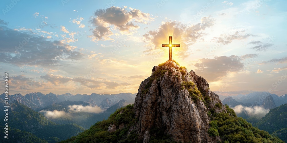 Fototapeta premium Mountaintop Cross with Golden Rays and Dramatic Clouds