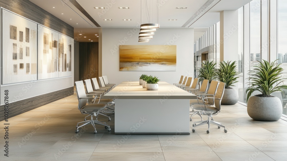 Modern conference room with a large table, chairs, and plants, designed for meetings. Modern conference room with a large table, chairs, and plants, designed for meetings.