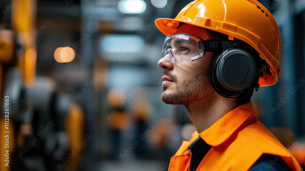 Employee in Safety Gear at Industrial Workplace Employee in Safety Gear at Industrial Workplace