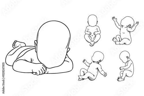 Line art illustration featuring a newborn baby with a bald head