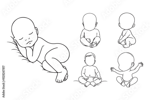 Illustration of a newborn with a smooth head in line art