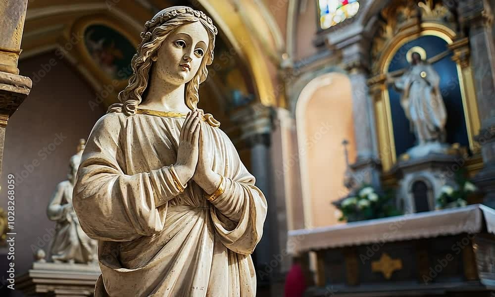 A serene statue of a praying figure in a church, with an altar and stained glass in the background. A serene statue of a praying figure in a church, with an altar and stained glass in the background.