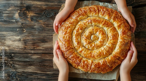 Traditional spiral shape phyllo pastry pie banitsa with kids hands holding Wooden background Top view : Generative AI photo