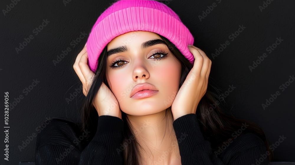 Young Woman in Pink Beanie with Dark Hair and Makeup Portrait Young Woman in Pink Beanie with Dark Hair and Makeup Portrait