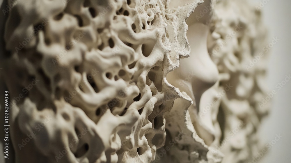 Close up of a white, abstract, textured sculpture, showing a pattern of small, jagged, uneven, and irregular holes. Close up of a white, abstract, textured sculpture, showing a pattern of small, jagged, uneven, and irregular holes.