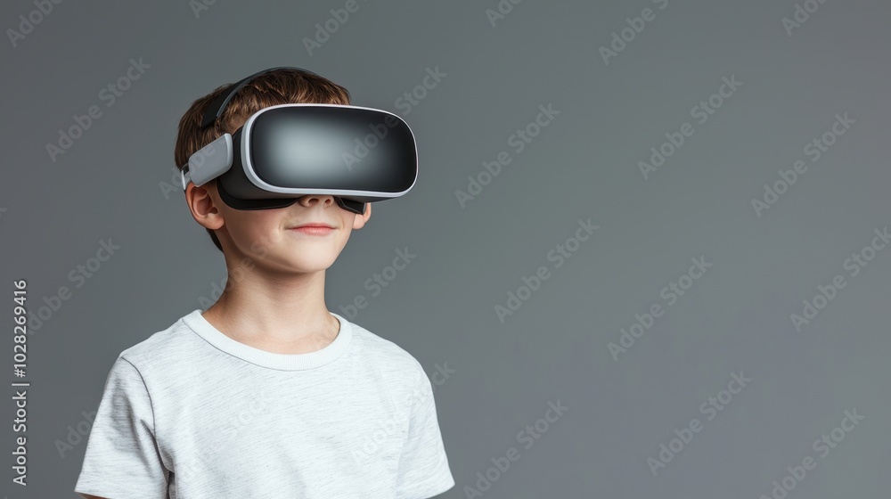 Young boy enjoying virtual reality experience with VR headset on gray background. Young boy enjoying virtual reality experience with VR headset on gray background.