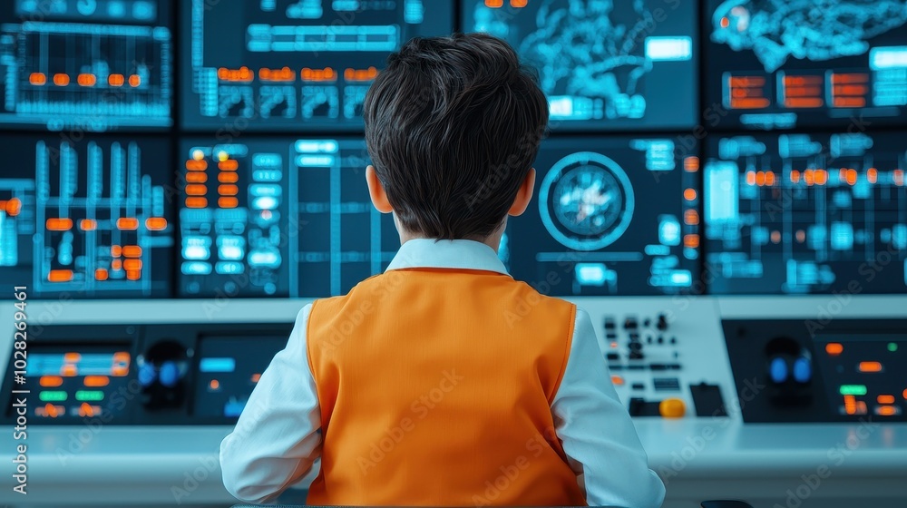 A child observes technological controls in a futuristic environment, showcasing curiosity and wonder. A child observes technological controls in a futuristic environment, showcasing curiosity and wonder.