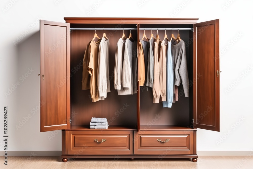 A wooden wardrobe filled with clothes and shelves, standing alone in a well-designed home interior, blending storage and style with a vintage touch, perfect for organizing clothes and books A wooden wardrobe filled with clothes and shelves, standing alone in a well-designed home interior, blending storage and style with a vintage touch, perfect for organizing clothes and books