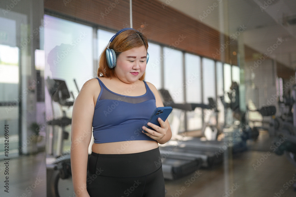 Female with smart phone after workout at Gym. Obese asian woman watching online workout training class. Female with smart phone after workout at Gym. Obese asian woman watching online workout training class.