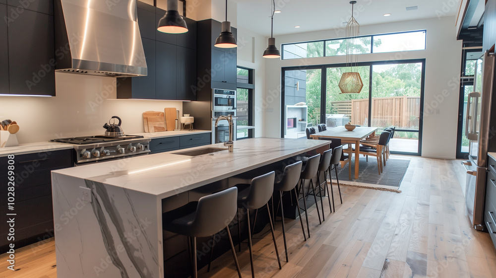 Modern kitchen interior design with matte black cabinets, marble ...