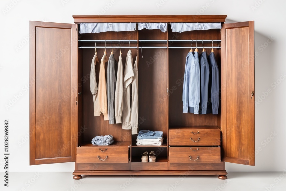 A large wooden wardrobe filled with clothes and shelves, standing alone in a well-designed home interior, blending storage and style with a vintage touch, perfect for organizing clothes A large wooden wardrobe filled with clothes and shelves, standing alone in a well-designed home interior, blending storage and style with a vintage touch, perfect for organizing clothes