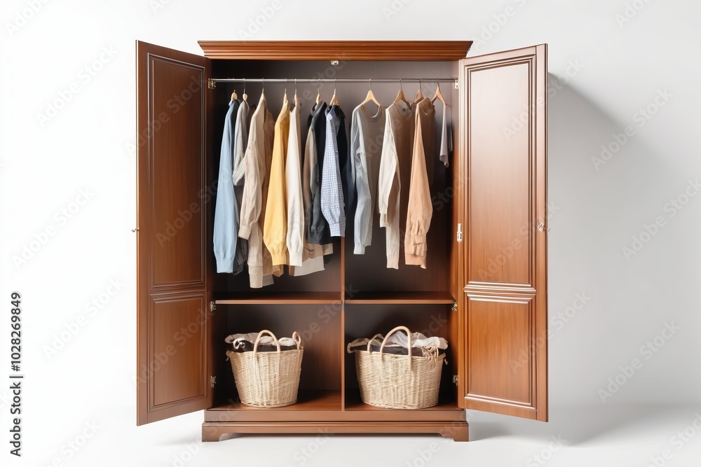 A large wooden wardrobe filled with clothes and shelves, standing alone in a well-designed home interior, blending storage and style with a vintage touch, isolated white wall A large wooden wardrobe filled with clothes and shelves, standing alone in a well-designed home interior, blending storage and style with a vintage touch, isolated white wall