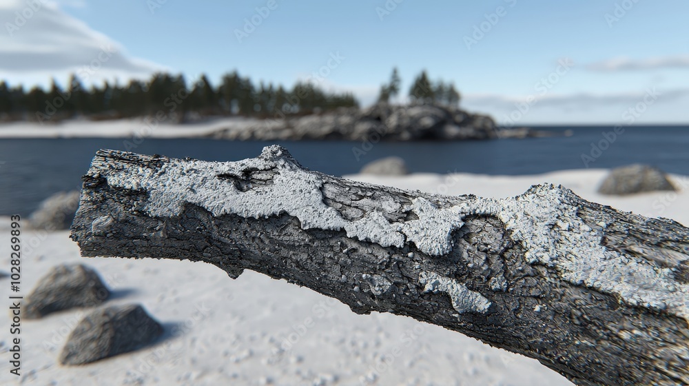 Closeup of Driftwood Branch with White Lichen on Sandy Beach Closeup of Driftwood Branch with White Lichen on Sandy Beach