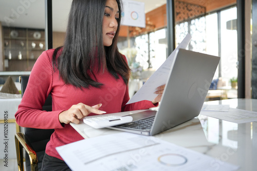 Beautiful confident asian business woman working with laptop Hands typing keyboard. Professional investor working new start up project. business planning in office. Technology business.