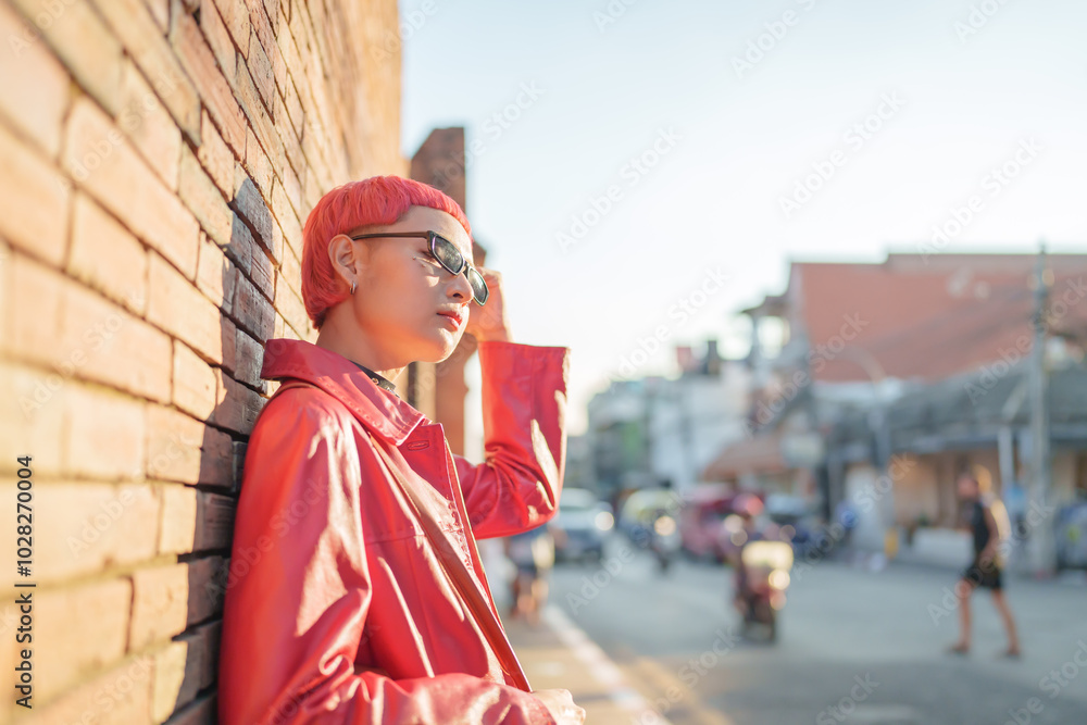 Fototapeta premium Gen z girl leather fashion with punk Asian woman tourist of local city Southeast Asia travel trendy pink hairstyle young female punk traveler walking around in town