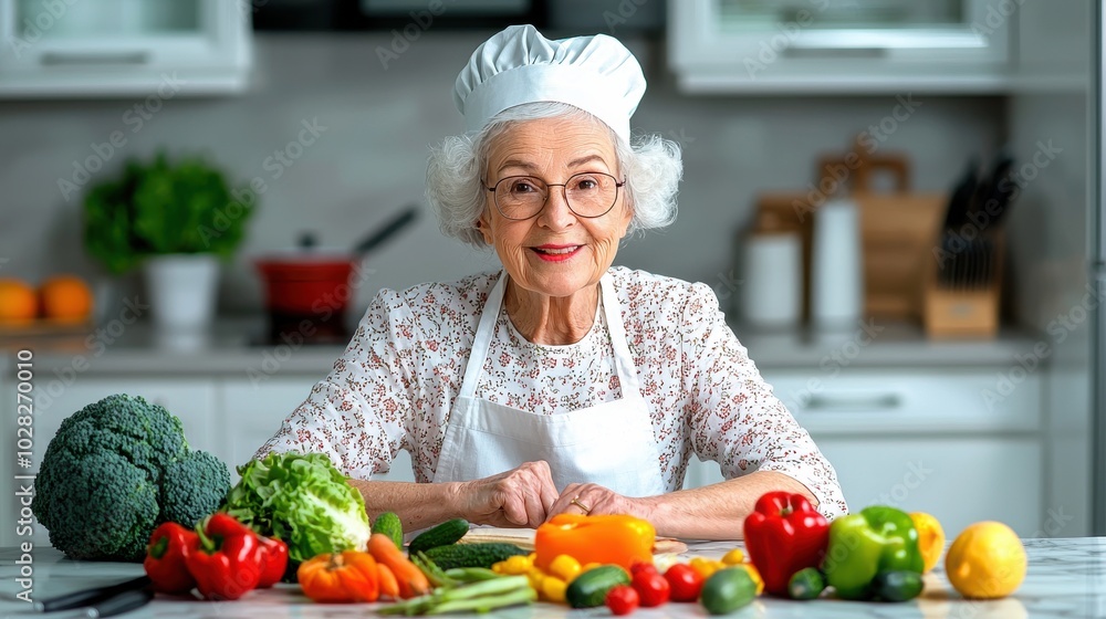 Senior Woman Cooking Healthy Meals in Cozy Kitchen Senior Woman Cooking Healthy Meals in Cozy Kitchen