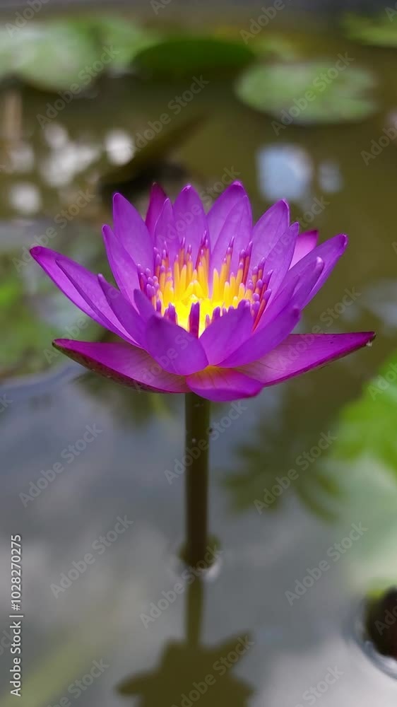 A purple lotus flower in bloom, growing in a clay jar A purple lotus flower in bloom, growing in a clay jar