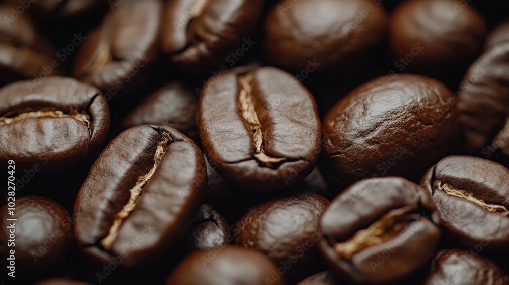 Close-up of dark roasted coffee beans, showcasing their texture and color. Close-up of dark roasted coffee beans, showcasing their texture and color.