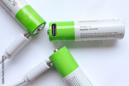 Three AA batteries are connected to the USB Type C cable on the table. Concept of clean energy and eco friendly photo