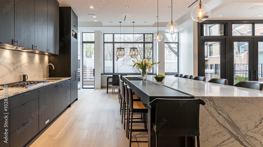 Modern kitchen interior design with matte black cabinets, marble ...