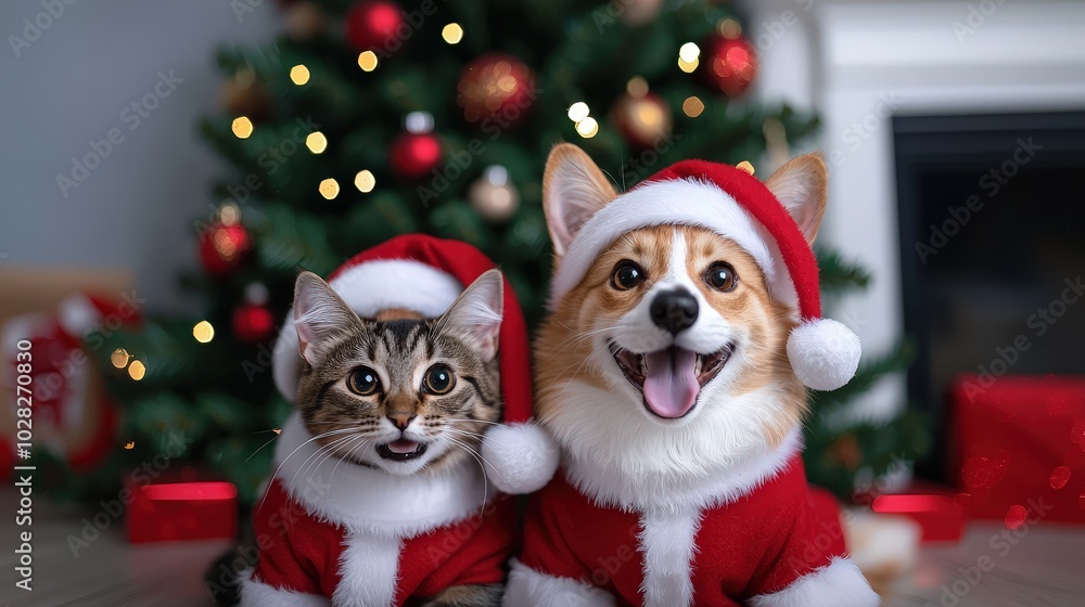 Festive Christmas Cat and Dog in Santa Suits by Decorated Tree Festive Christmas Cat and Dog in Santa Suits by Decorated Tree