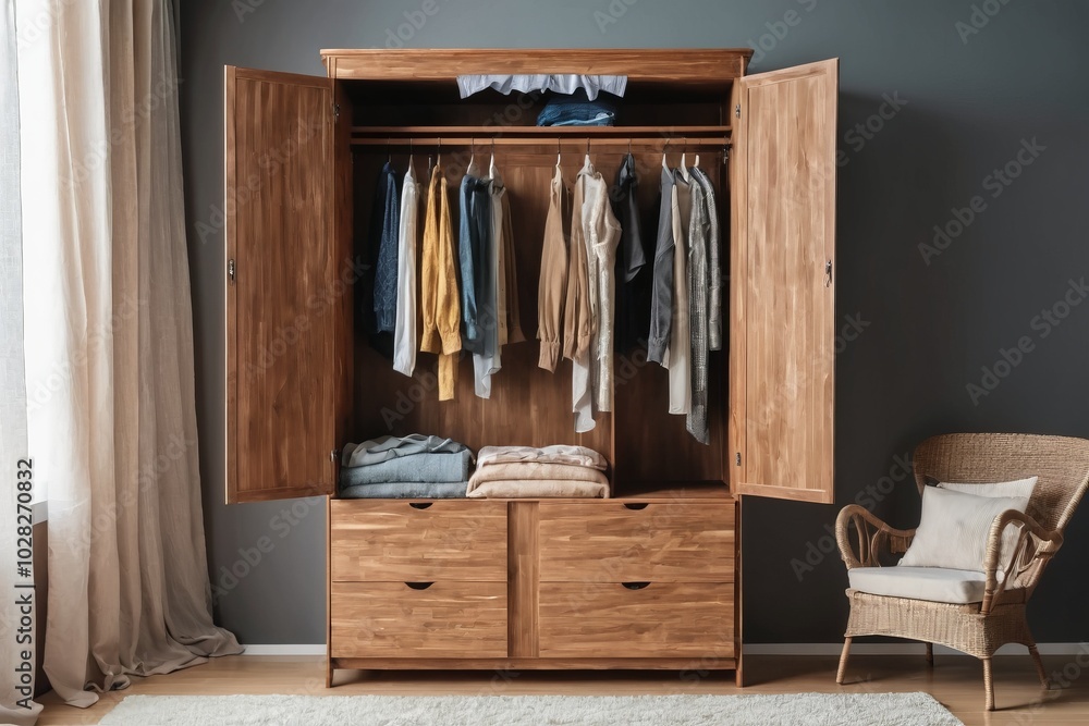 A luxurious wooden wardrobe with clothes inside stands in a beautifully decorated bedroom featuring a chair, a table, a window with curtains, and a mirror on the wall A luxurious wooden wardrobe with clothes inside stands in a beautifully decorated bedroom featuring a chair, a table, a window with curtains, and a mirror on the wall