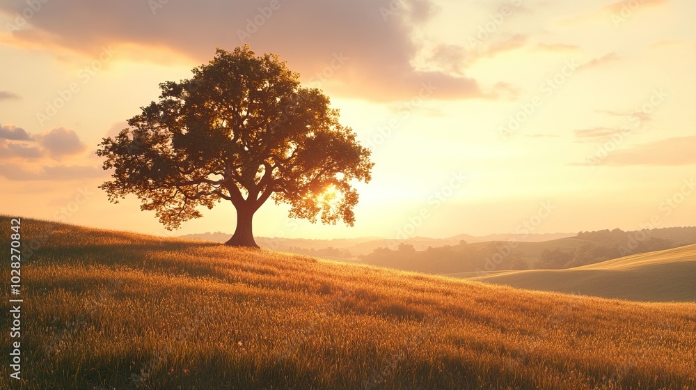 Solitary Tree on a Rolling Hill at Sunset Solitary Tree on a Rolling Hill at Sunset