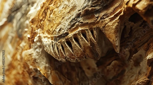 Close-up of a fossilized animal jaw with teeth