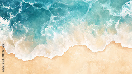 Watercolor beach top view with sea foam and waves