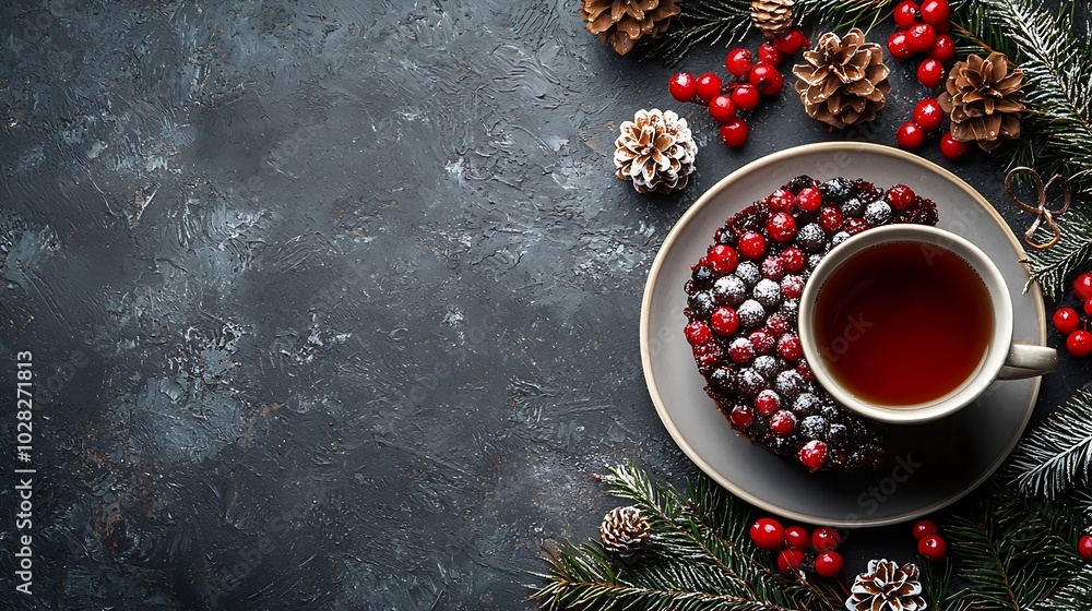 Christmas pudding fruit cake with cup of tea Traditional festive dessert Grey background Top view : Generative AI Christmas pudding fruit cake with cup of tea Traditional festive dessert Grey background Top view : Generative AI