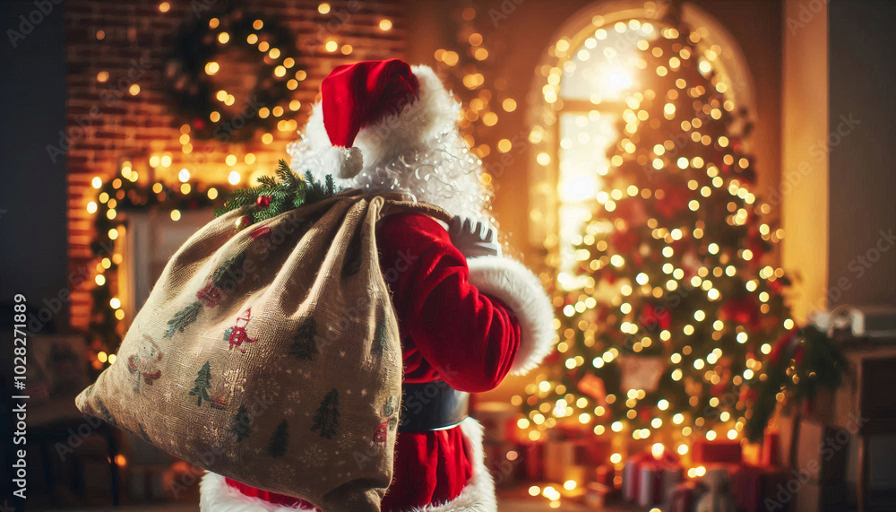 Santa Claus holding a large gift sack, standing in a festive, warmly lit Christmas room Santa Claus holding a large gift sack, standing in a festive, warmly lit Christmas room